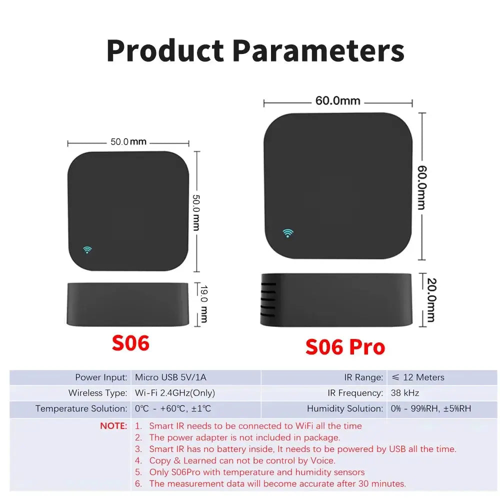 Tuya WiFi IR remote control with temperature and humidity sensor; S06 and S06 Pro, black, Simples Market