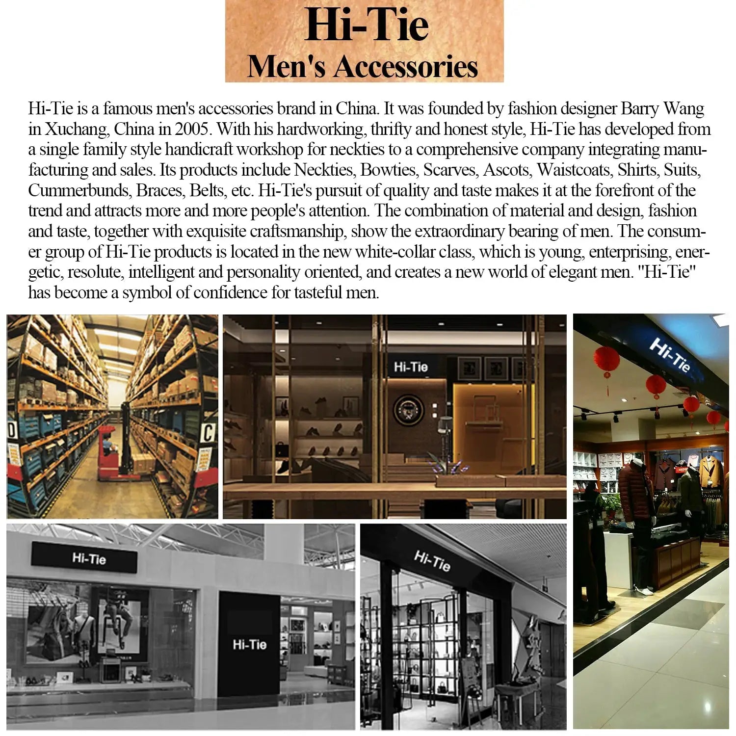 Hi-Tie men's accessories storefront collage with signage and displays.