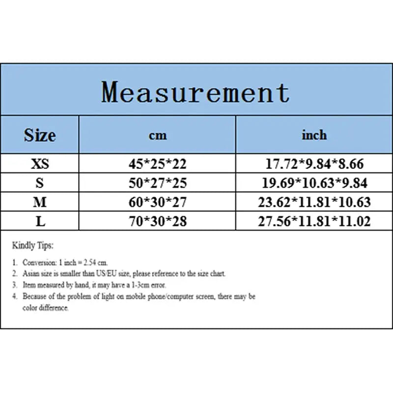 Oxford waterproof travel bag size chart showing dimensions for XS–L in cm and inches.