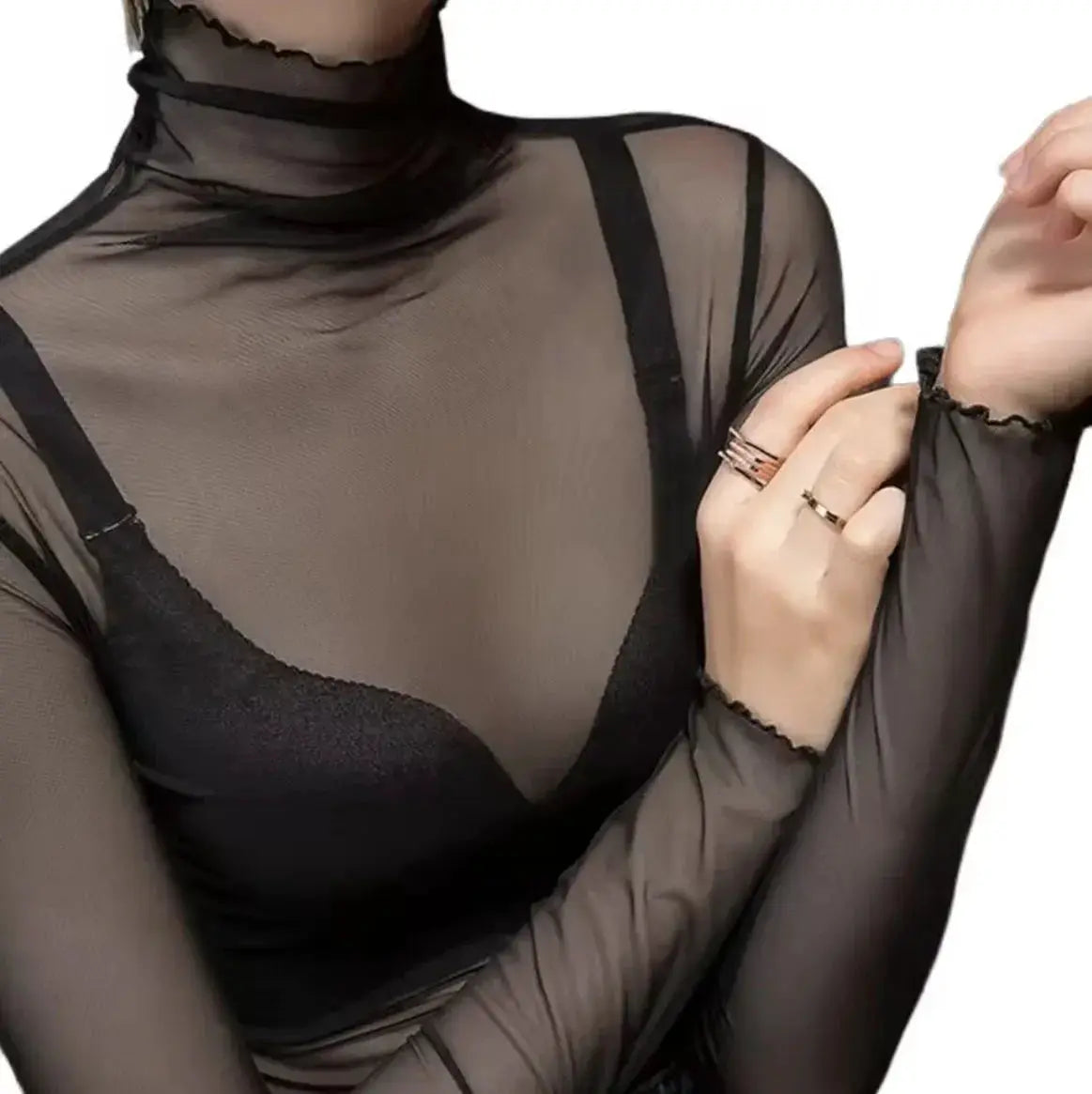Sexy Women Mesh T-Shirts black sheer long-sleeve top with lace bra visible