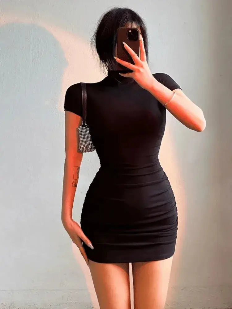 Sexy Tight Mini Dress Half High Collar Pleated Waist Bodycon Women
