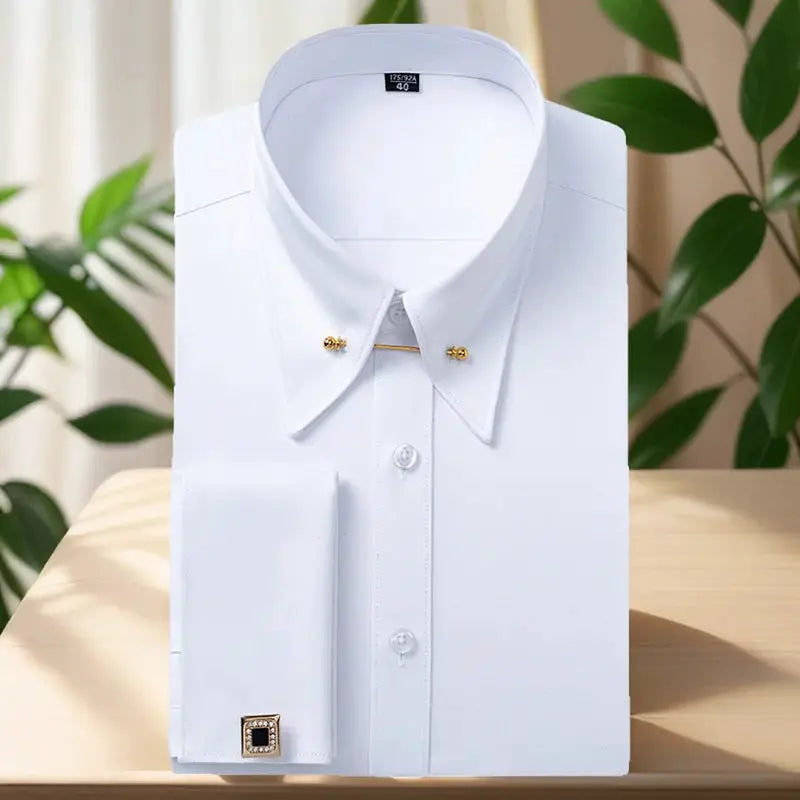 Simples Market white dress shirt with French cuffs, gold collar pins, and square cufflinks
