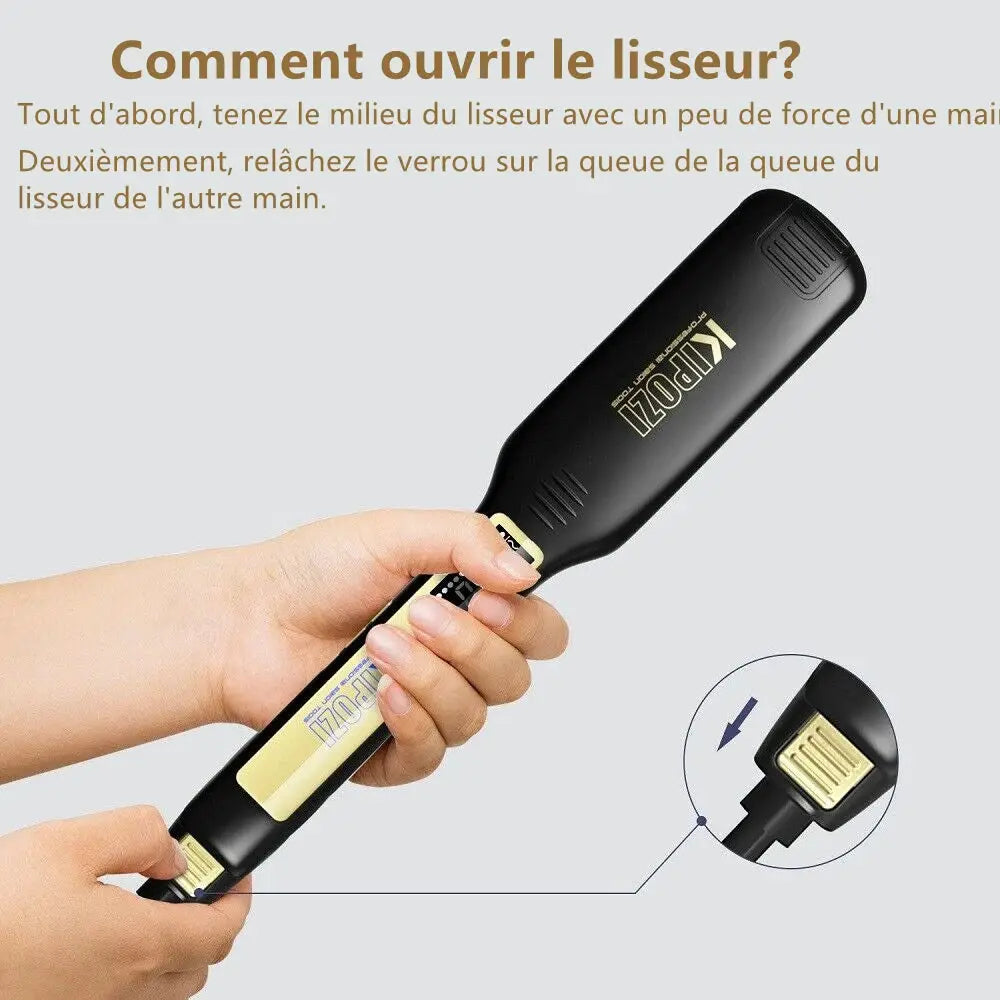 KIPOZI professional titanium flat iron with digital LCD display, black with gold branding, dual voltage