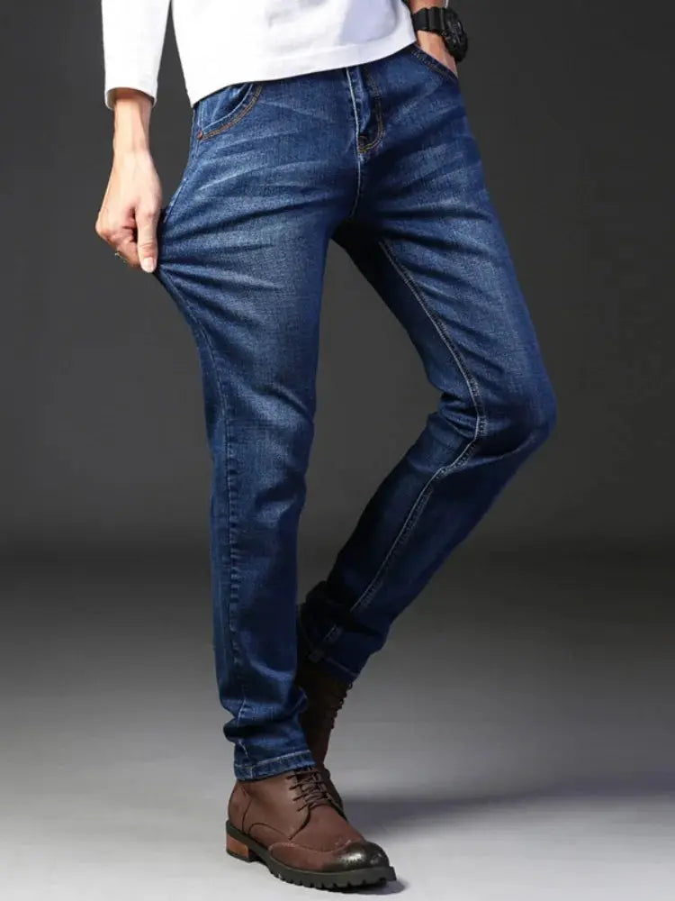 Men's blue slim-fit stretch denim jeans for casual business wear