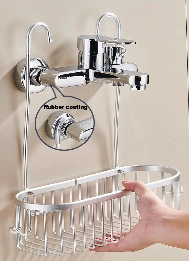 Shower caddy hanging organizer with basket and hooks, Simples Market chrome finish, no-drill wall mount