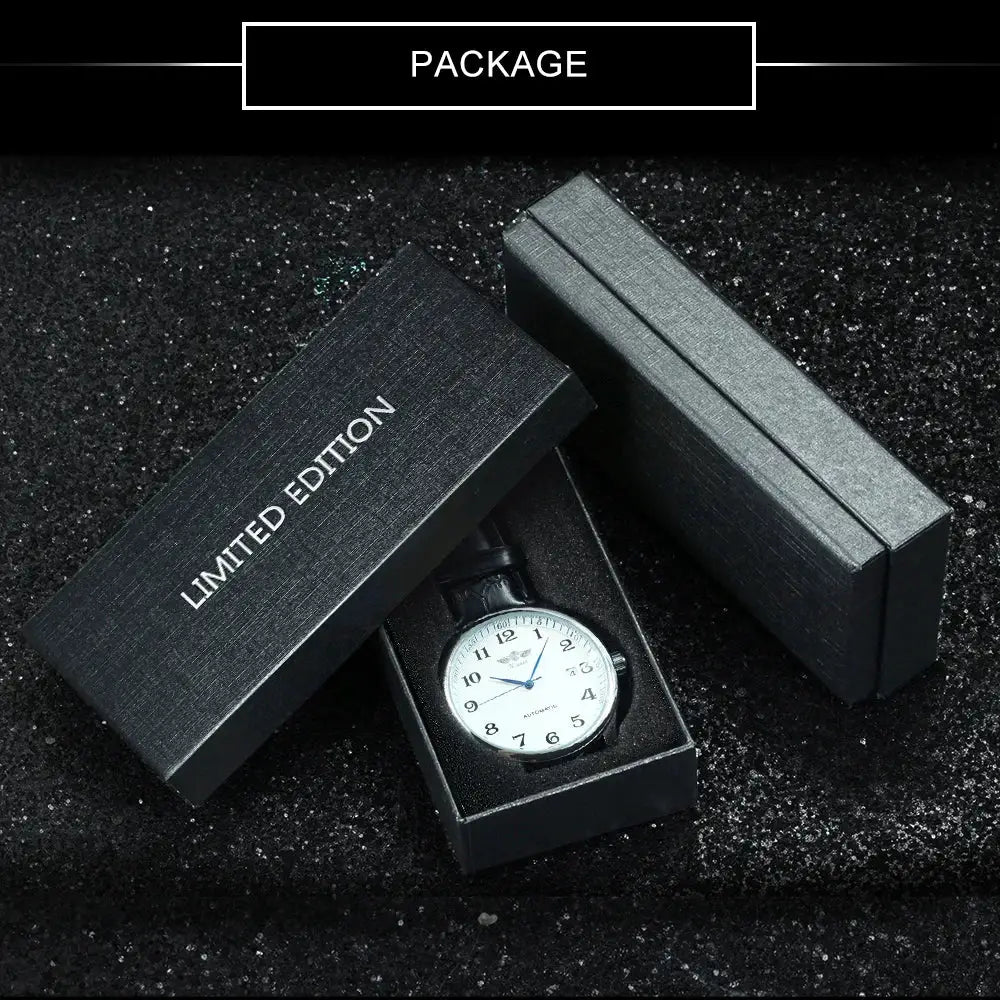 WINNER men's fashion watch in black packaging box; limited edition, silver dial, black leather strap
