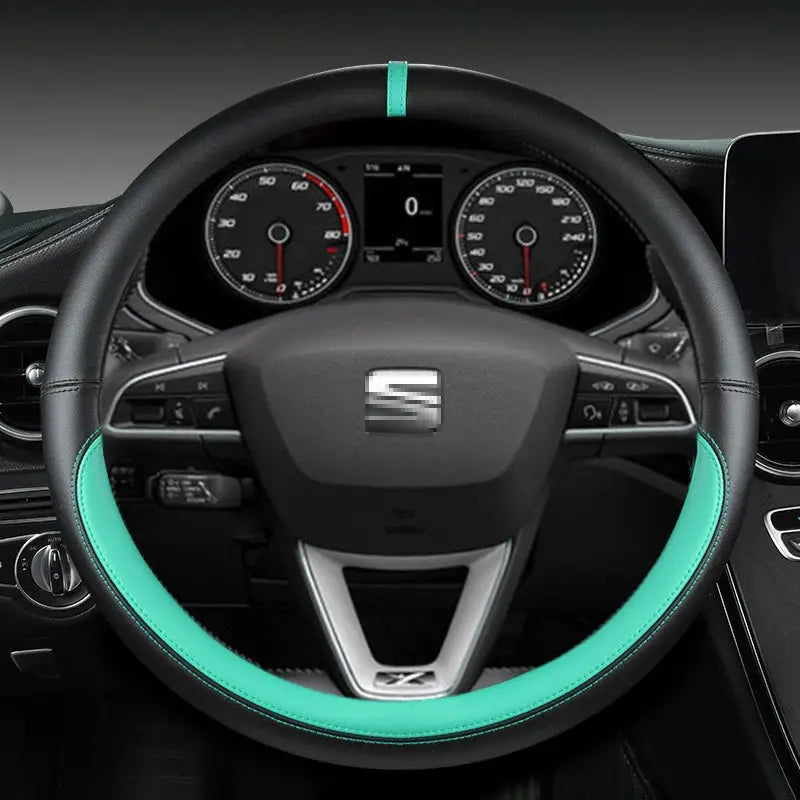 Steering wheel cover for Seat, microfiber leather non-slip, 38cm, black with teal accents