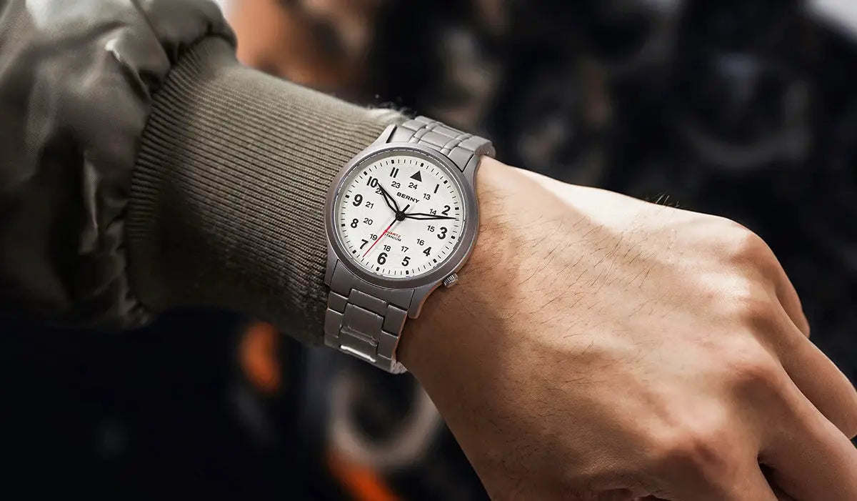 BERNY full titanium men's wristwatch with metal bracelet, white dial and easy-to-read numerals