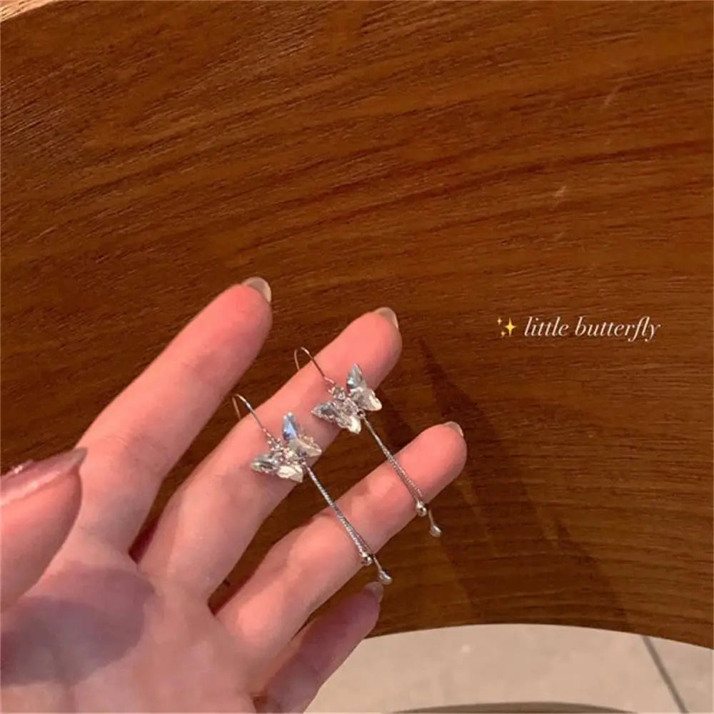 Korean Exquisite Moon Planet Butterfly tassel drop earrings with crystals; silver-tone, 2 pcs