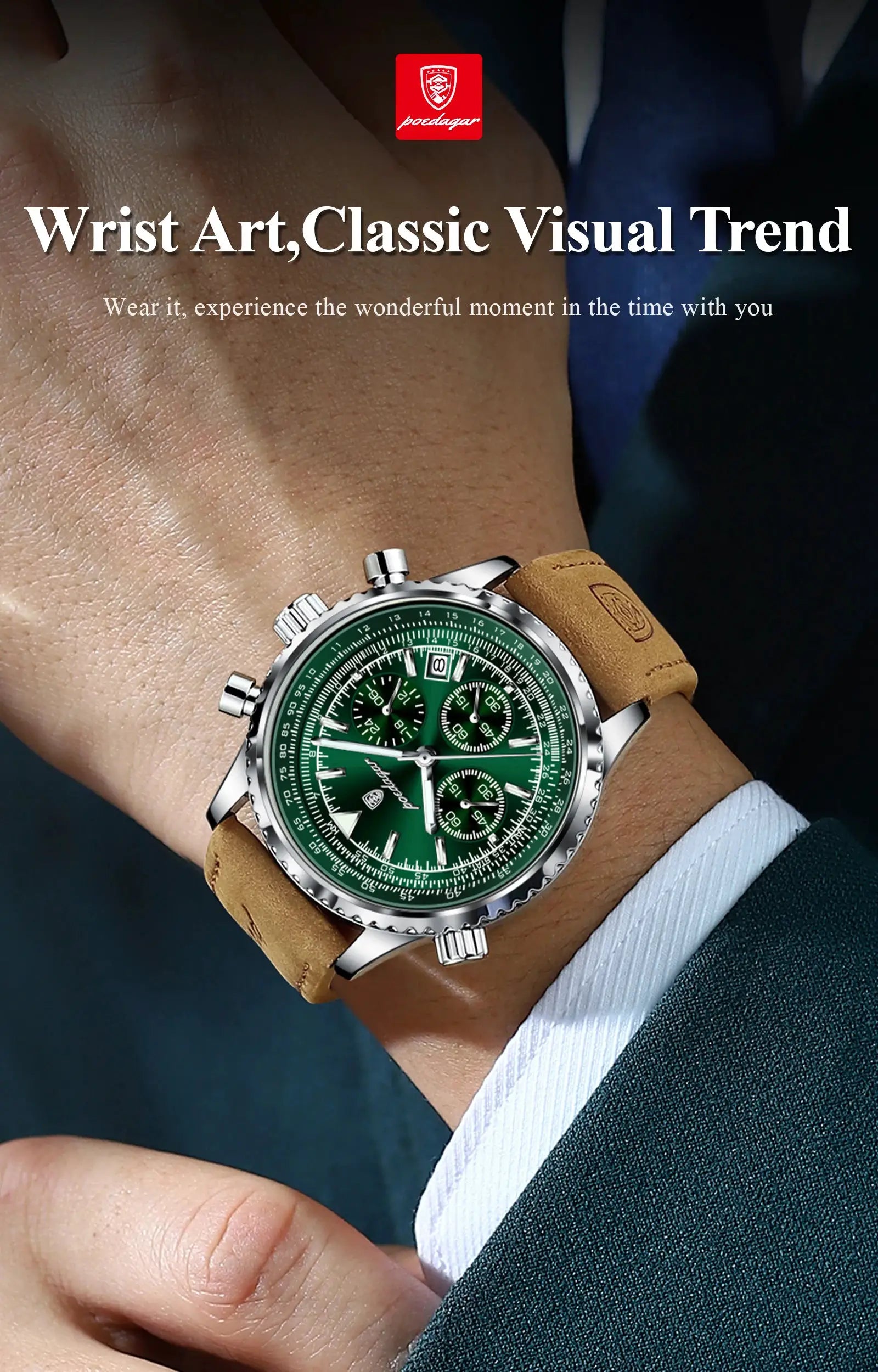 POEDAGAR men's leather-strap chronograph wristwatch with green dial and silver case.