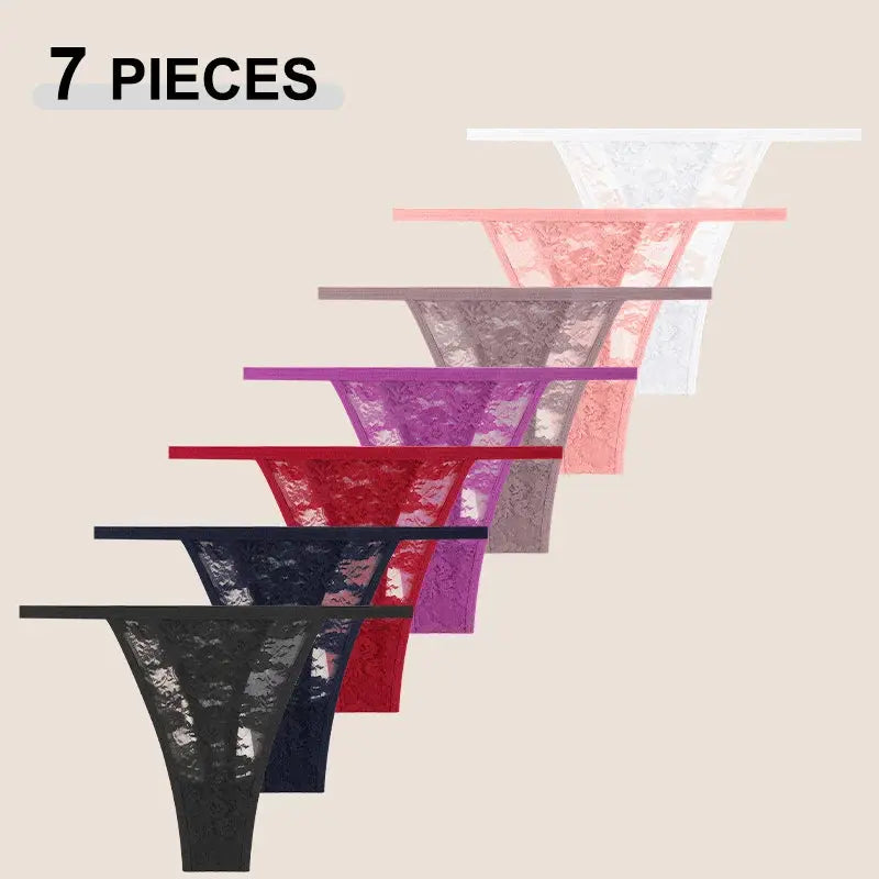 7-piece set of women's lace G-strings in assorted colors; low-rise, sheer floral lace from Simples Market.