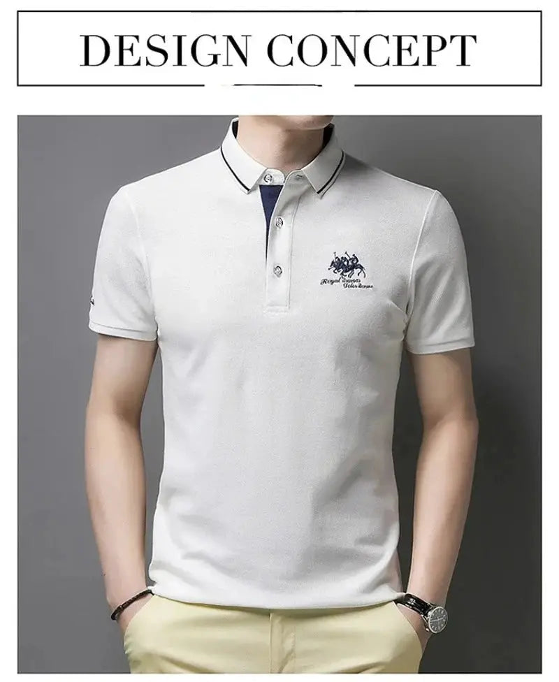 Men's white polo shirt with embroidered chest logo, short sleeves