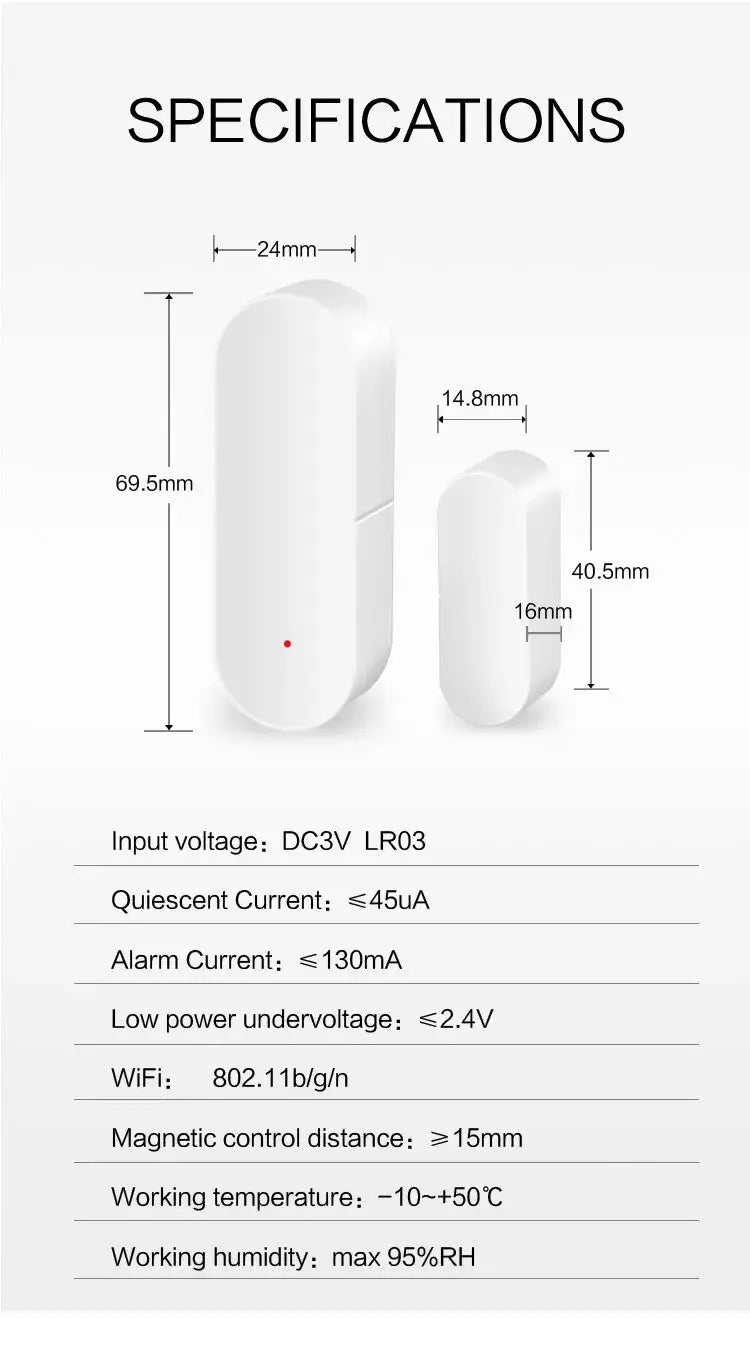 Tuya Smart WiFi Door Sensor by Simples Market; white two-piece open/close detector