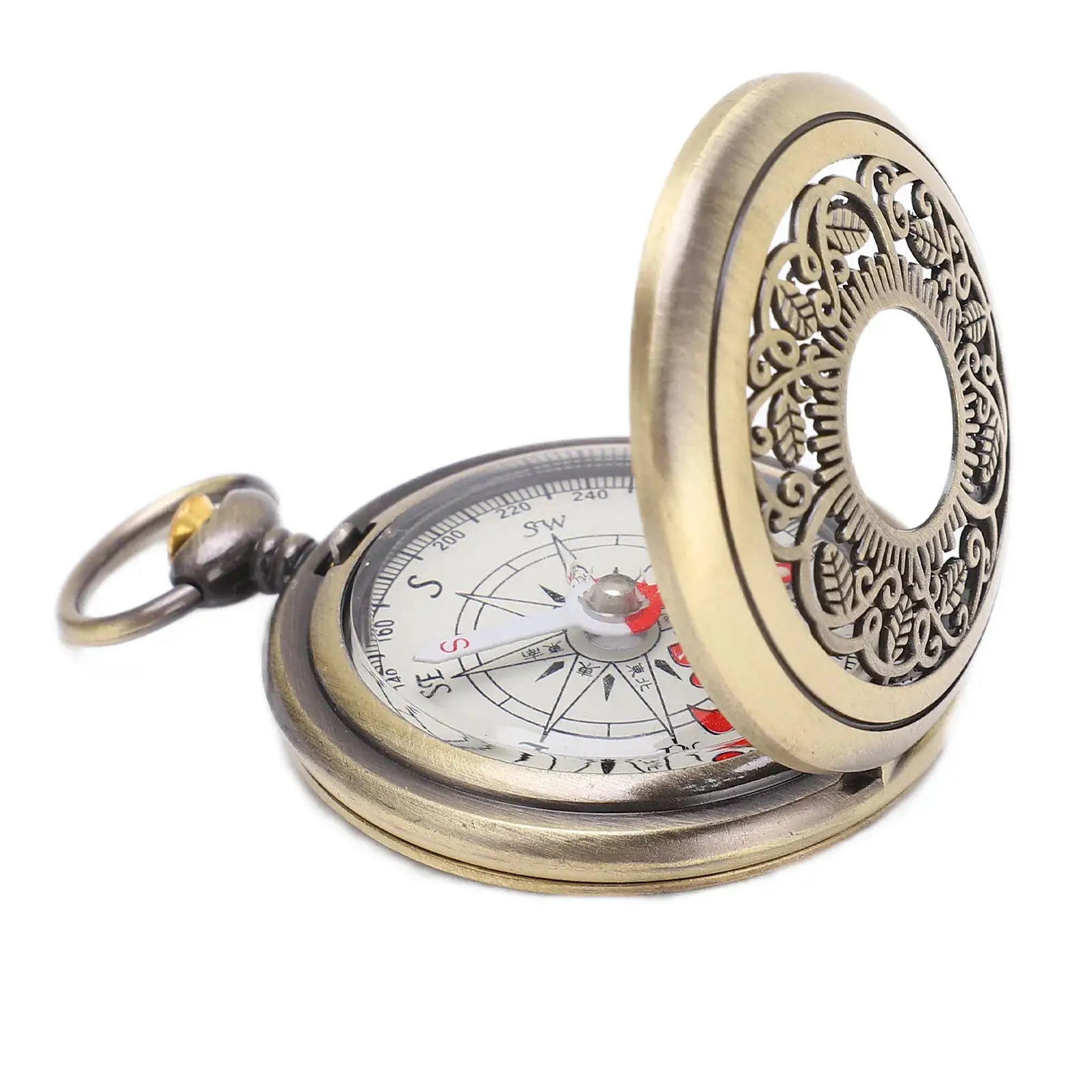 Pocket brass compass for outdoor navigation; ornate filigree lid, gold color, waterproof