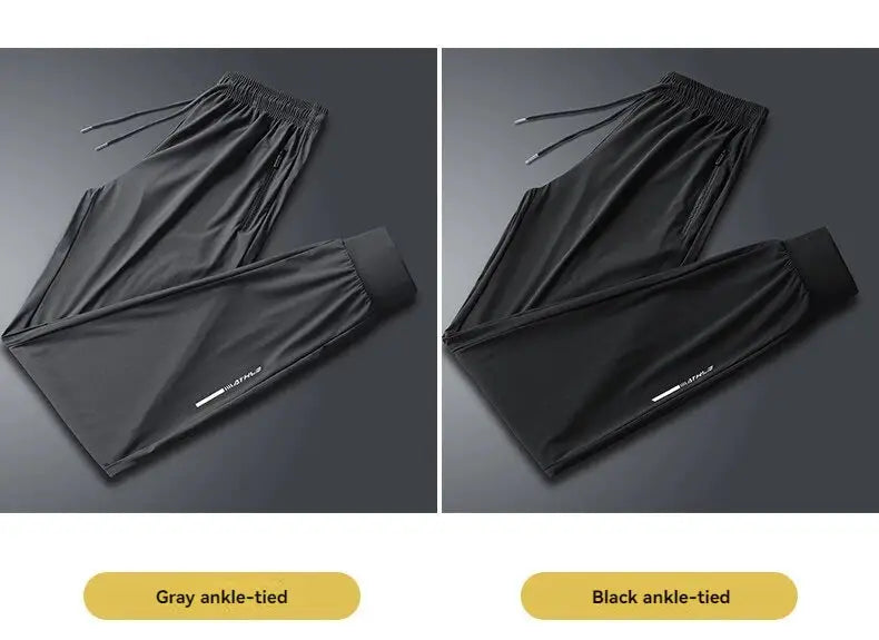 Ice Silk men's pants by Simples Market in gray and black ankle-tied quick-dry, two-pair display for outdoor running.