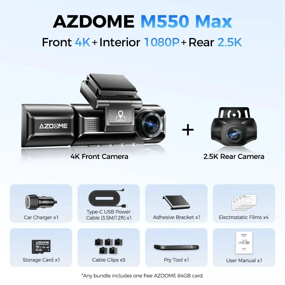 AZDOME M550 Max dash cam bundle with front 4K + rear 2.5K, GPS/WiFi, includes car charger and accessories