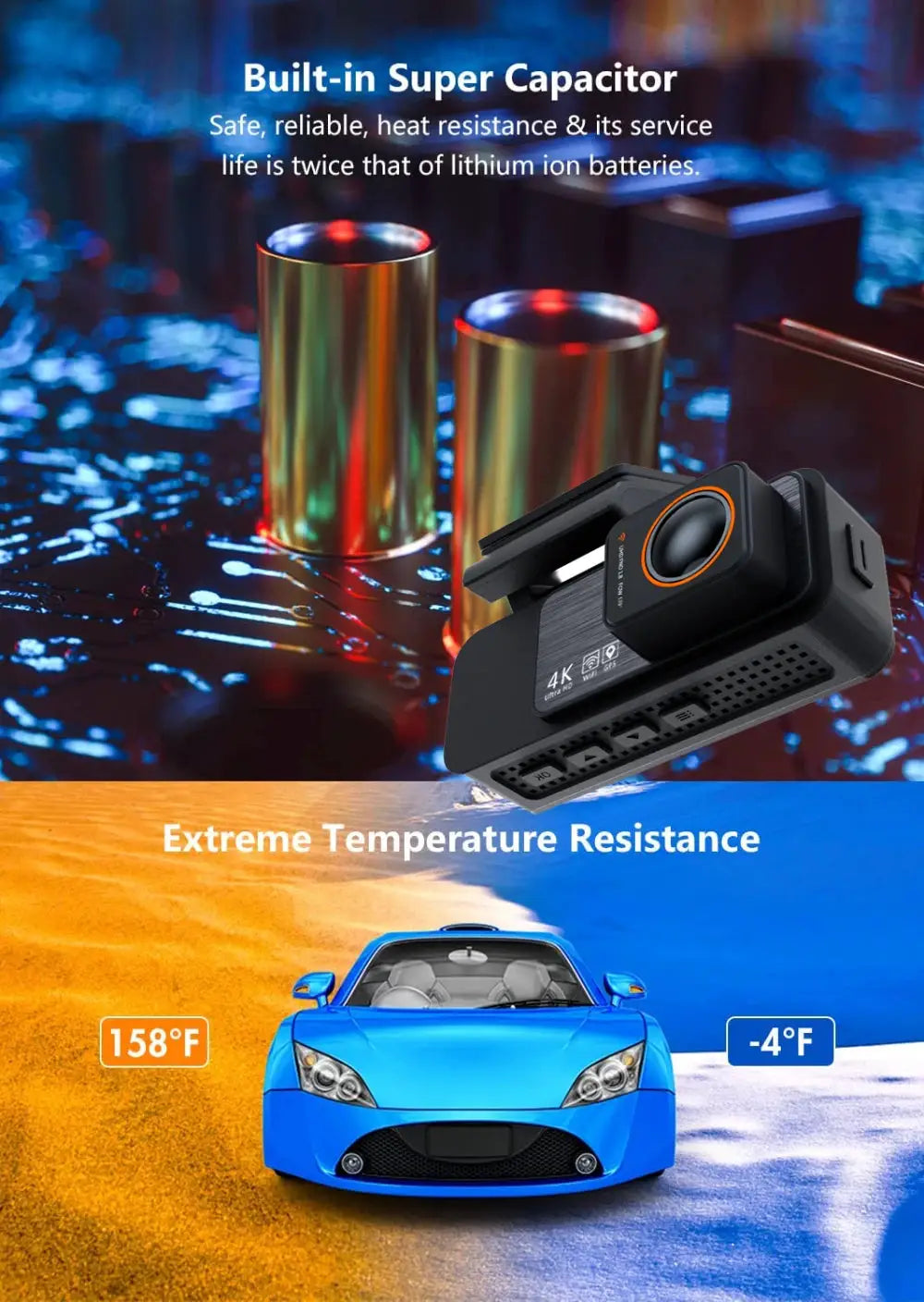 Simples Market dash cam dual-lens 4K UHD car camera with GPS, Wi-Fi and night vision, black