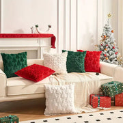 Christmas decorative pillow cover from Simples Market; green, red, white textured cushions on sofa with a Christmas tree