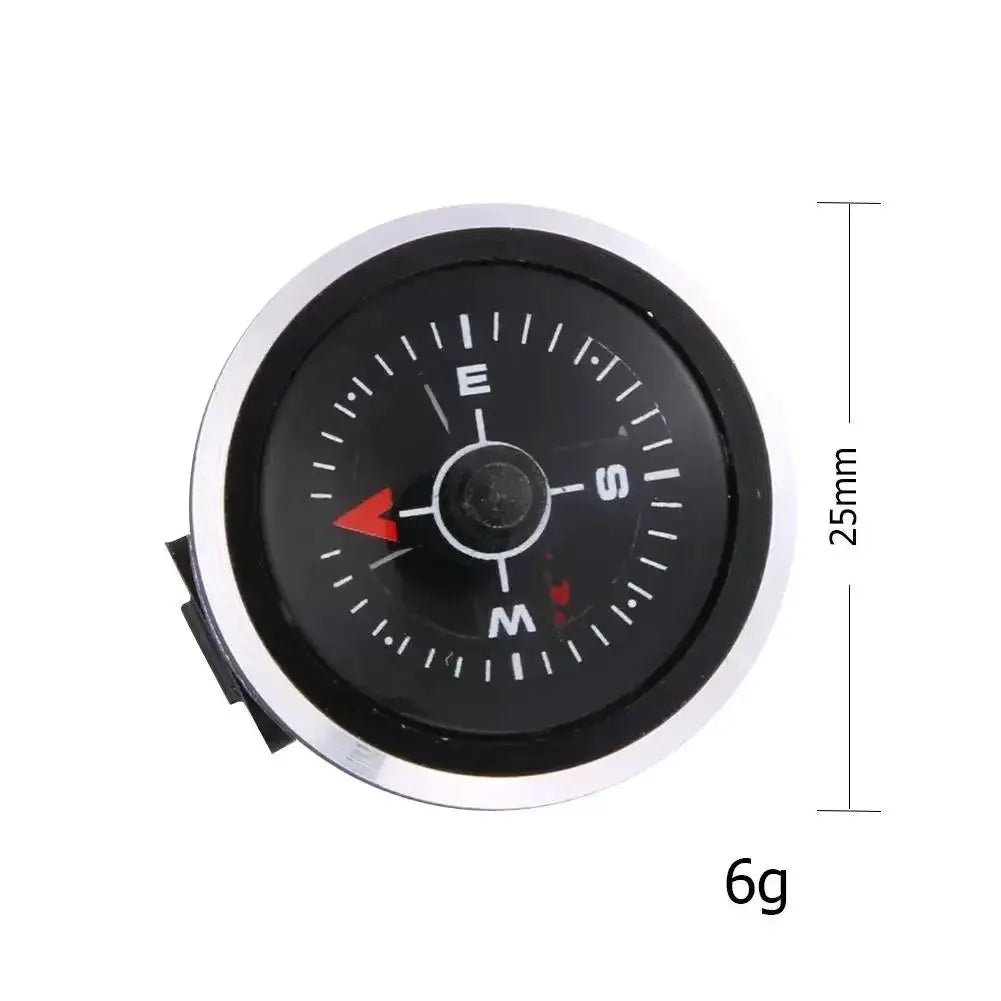 Mini watch strap button compass for paracord bracelets, black dial with white markings, red needle, silver bezel, 25mm