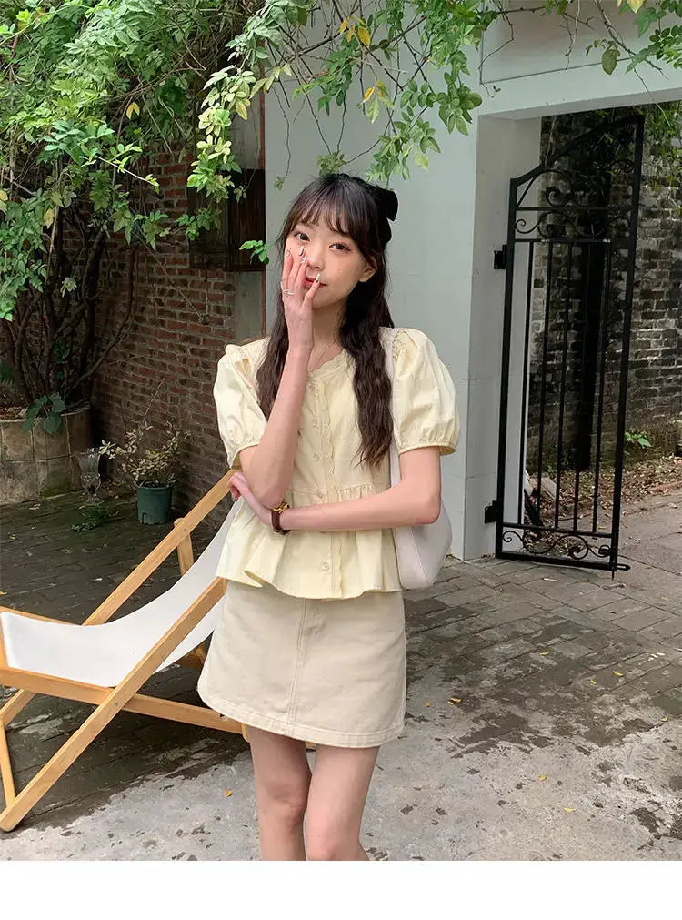 Women’s cream puff-sleeve top with peplum, casual elegant summer shirt