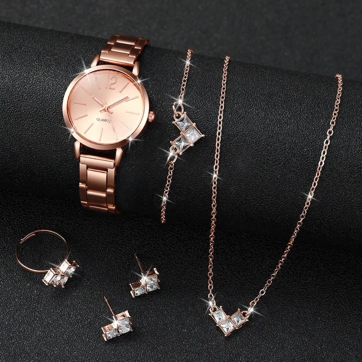 6-piece rose-gold watch and jewelry set by Simples Market with stainless steel band