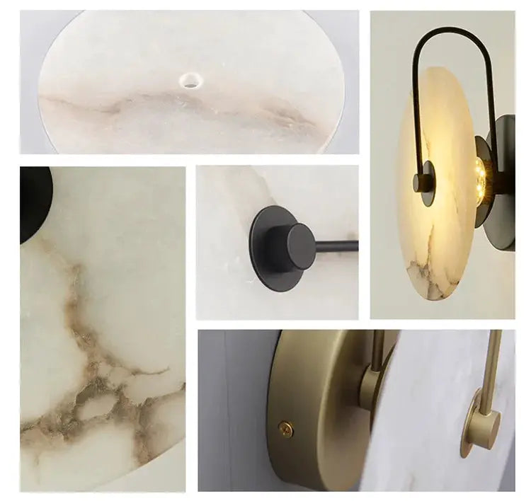 Nordic marble moon wall sconce by Simples Market; black metal arm with brass base and LED lighting