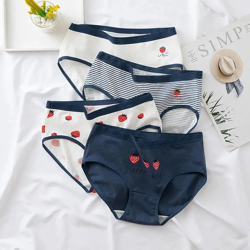 5-piece cotton women’s underwear set with strawberry prints and striped designs by Simples Market