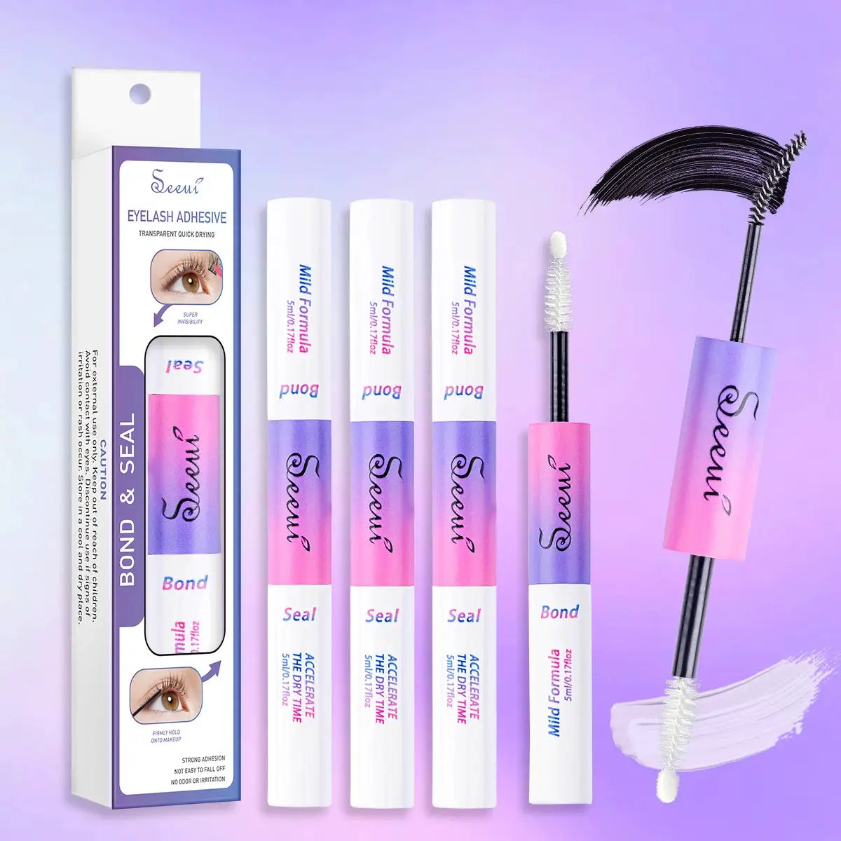 Simples Market eyelash adhesive bond & seal set with four mild-formula tubes and applicator wand on lilac background.