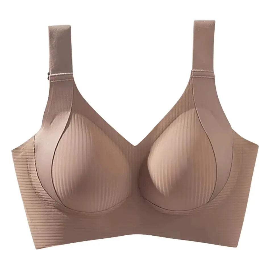 Simples Market seamless wireless bra in nude beige with ribbed cups, large size.
