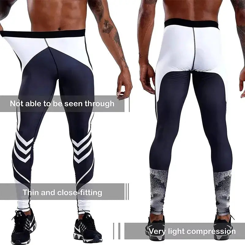 Men's compression pants: navy and white athletic leggings, slim-fit jogger bottoms, two pairs shown