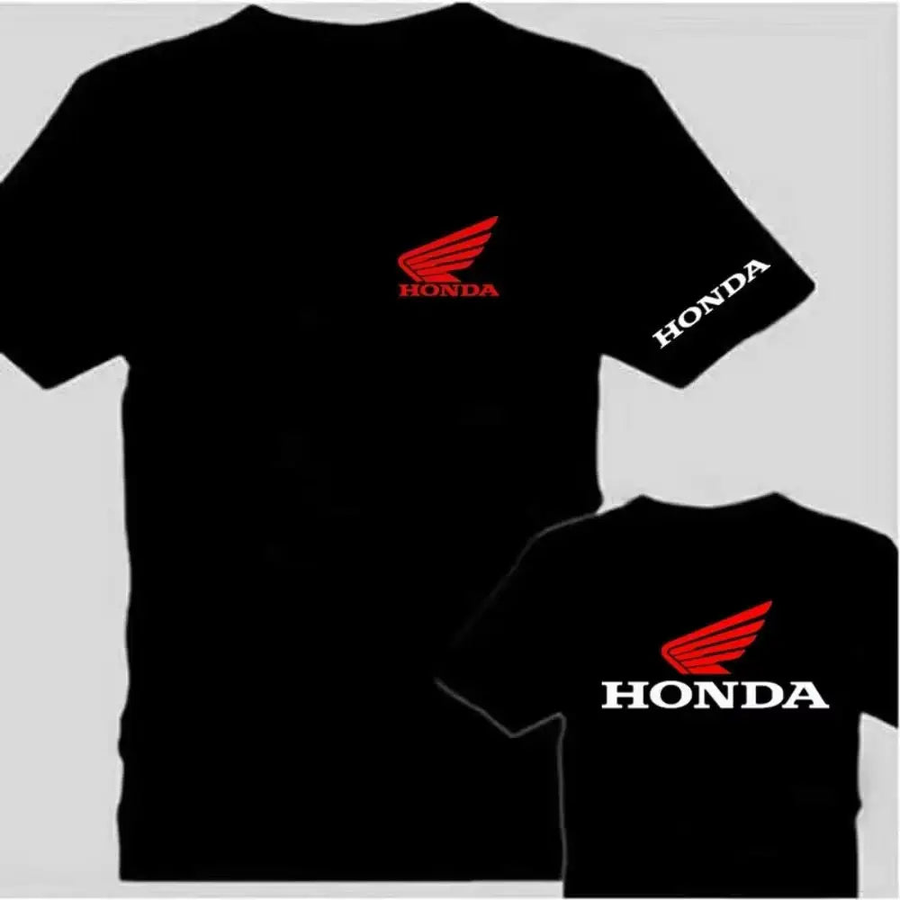 Two Honda logo T-shirts, black with red wing graphic, front and back views.