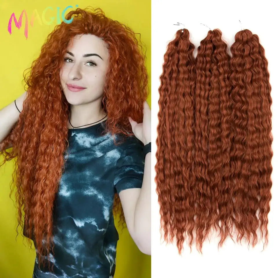 Magic Ariel Curl crochet hair extensions by Simples Market, ombre blonde to copper, 22in deep wave, 3 bundles