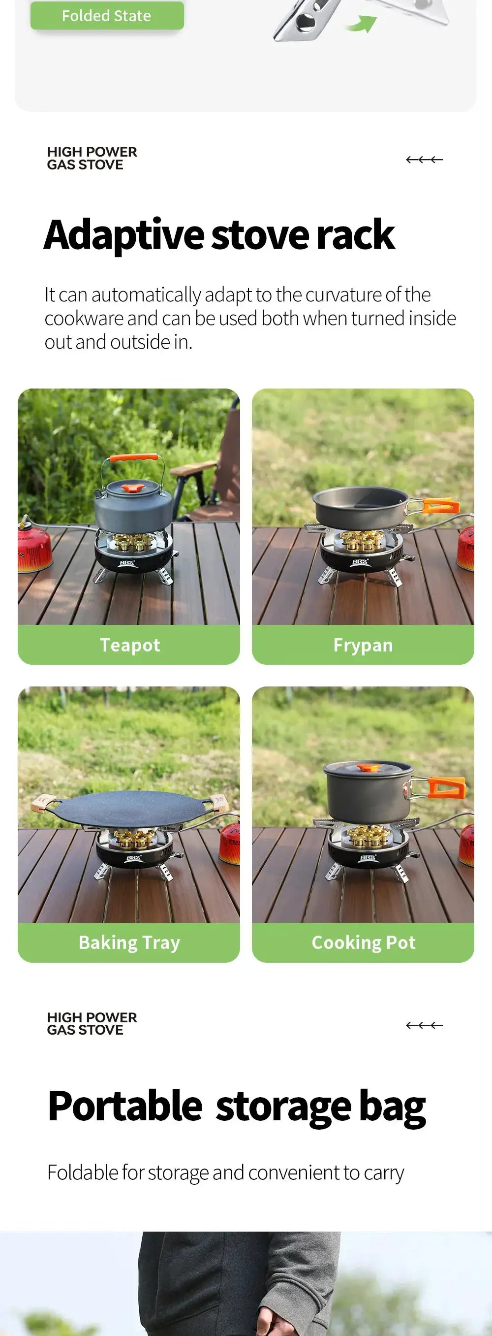 BRS-207/BRS-203 portable folding gas stove set with adaptive rack; teapot, frypan, baking tray, cooking pot.