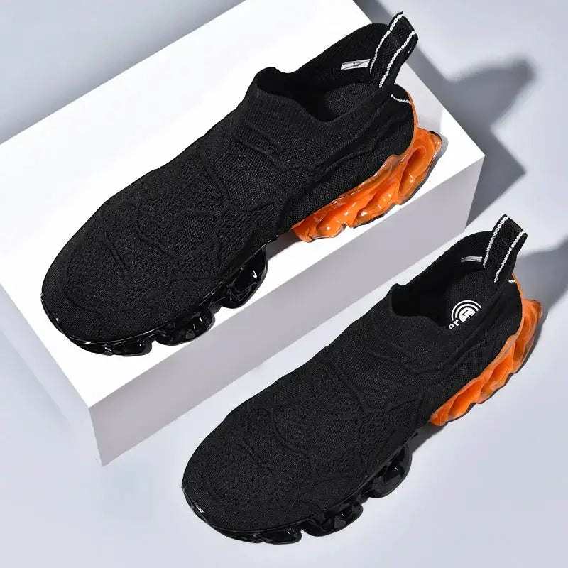 Simples Market men's black sneakers with orange segmented sole and breathable knit upper