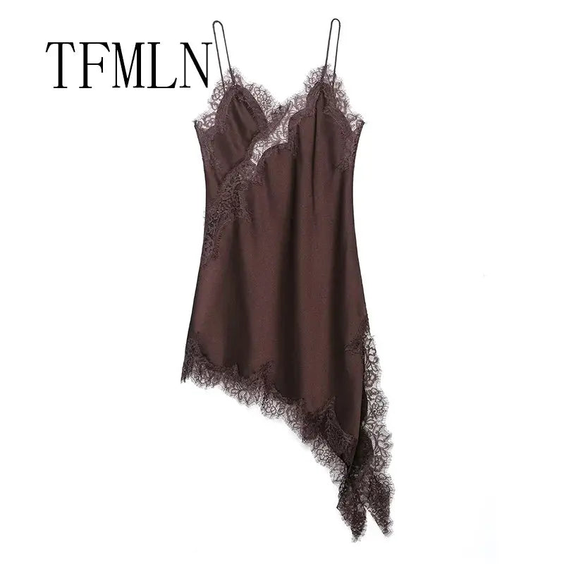 TFMLN Women Sexy Lace Splicing Dresses Slimming Silhouette With Asymmetrical Neckline And Backless Design