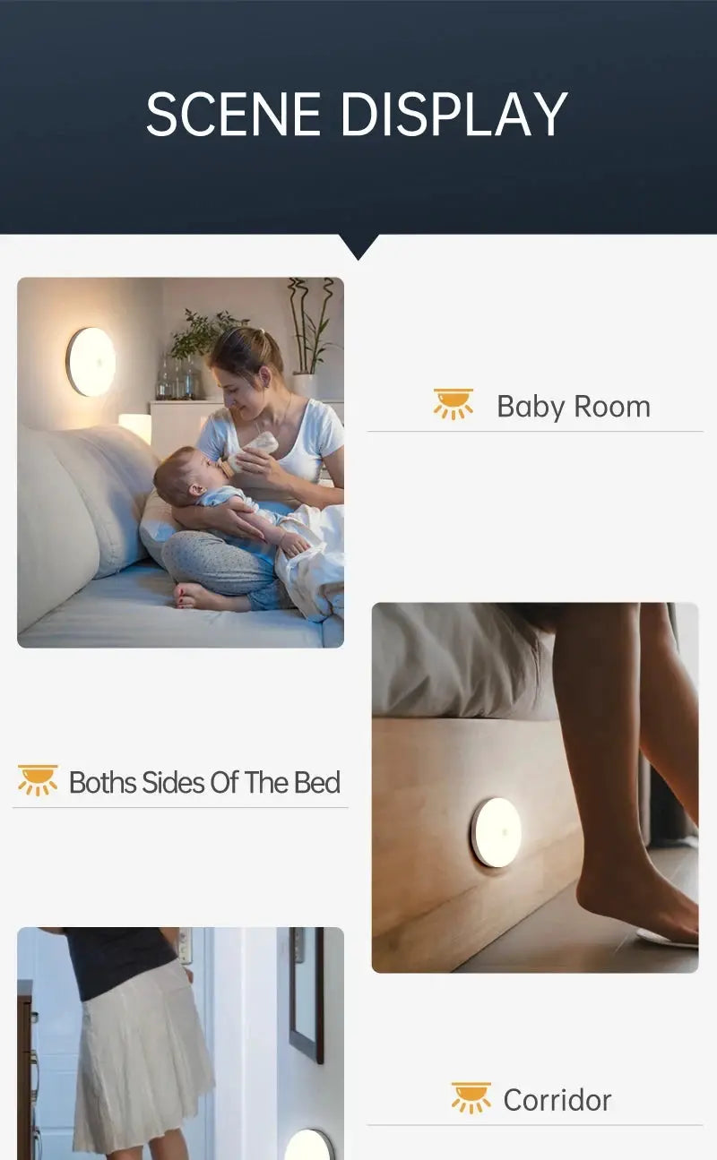 Motion Sensor PIR LED ceiling lamp, white round light for baby room, corridor and bedroom; 110–220V.