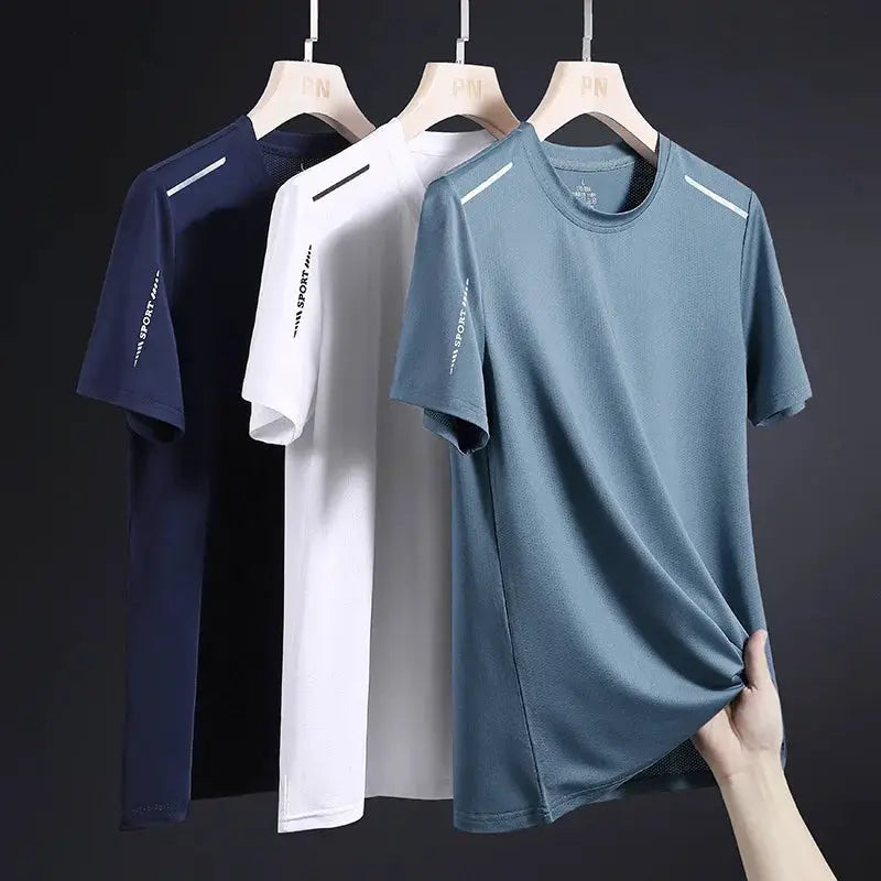 Men's quick-dry running T-shirts by Simples Market; breathable short-sleeve athletic tees in navy, white and blue (3-pack)