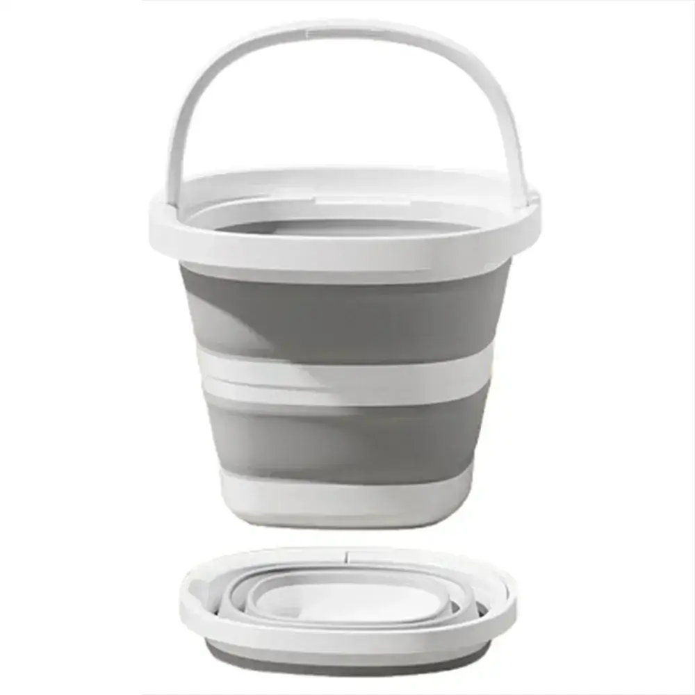 Simples Market large-capacity foldable water bucket with gray and white stripes and carrying handle.