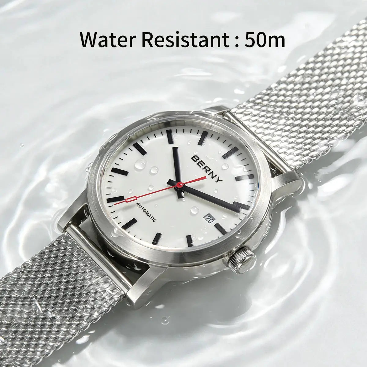 BERNY automatic men's wristwatch with stainless steel mesh band and white dial.
