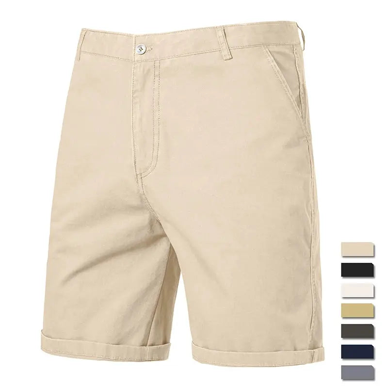 Men's cotton casual shorts by Simples Market, beige khaki, knee-length with 8 color options swatches.