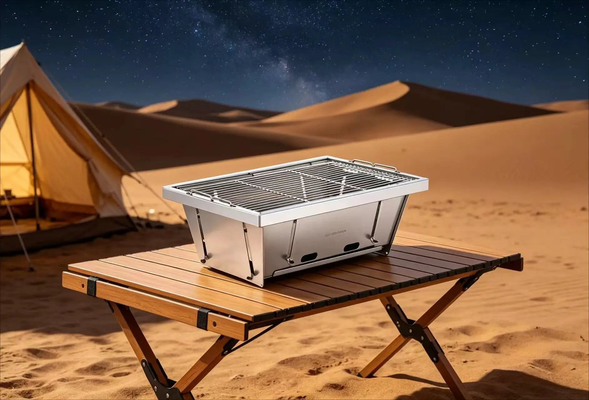 Simples Market MountainHiker 304 stainless portable BBQ grill on folding wooden table at desert campsite.