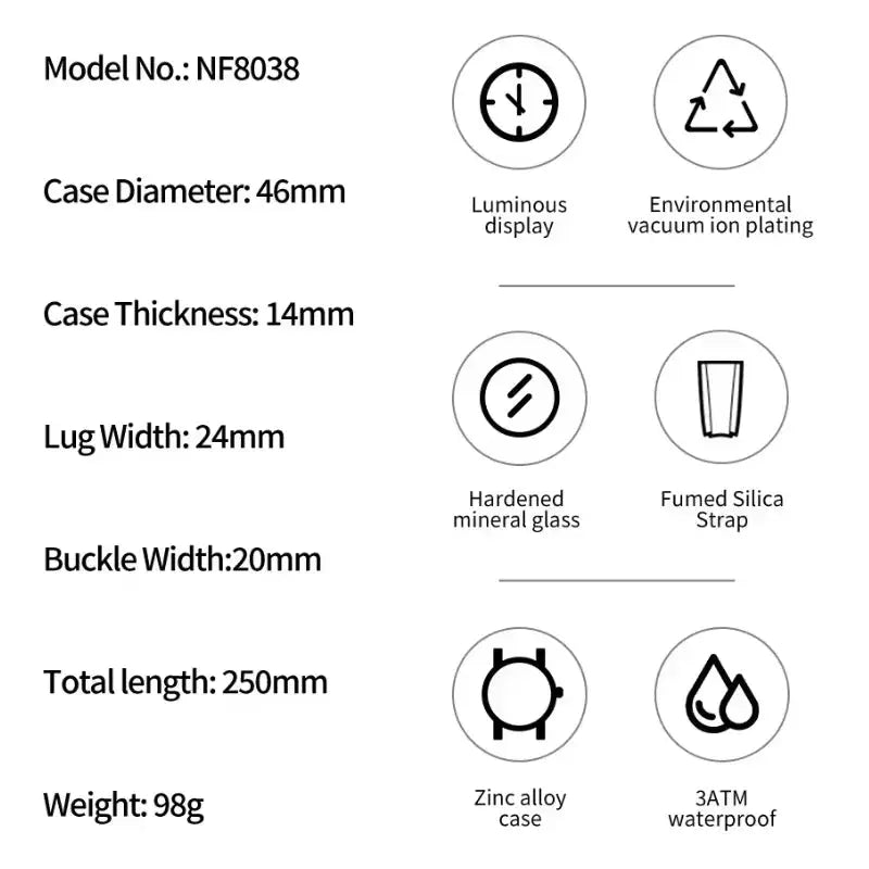 NAVIFORCE NF8038 men’s sport watch; zinc alloy case, fused silica strap, 46mm case, 3ATM waterproof, luminous display.