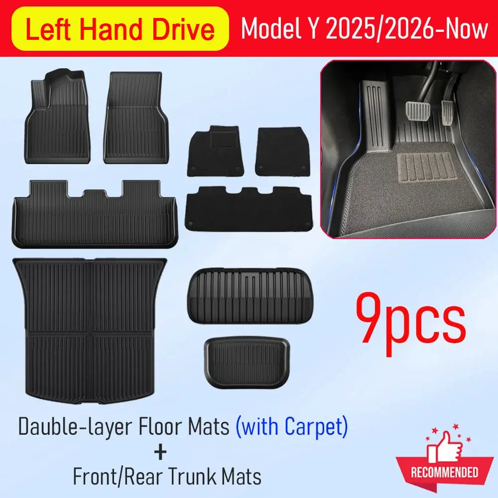 Simples Market 9-piece black TPE car floor mats and trunk mats set for Tesla Model Y 2025–2026
