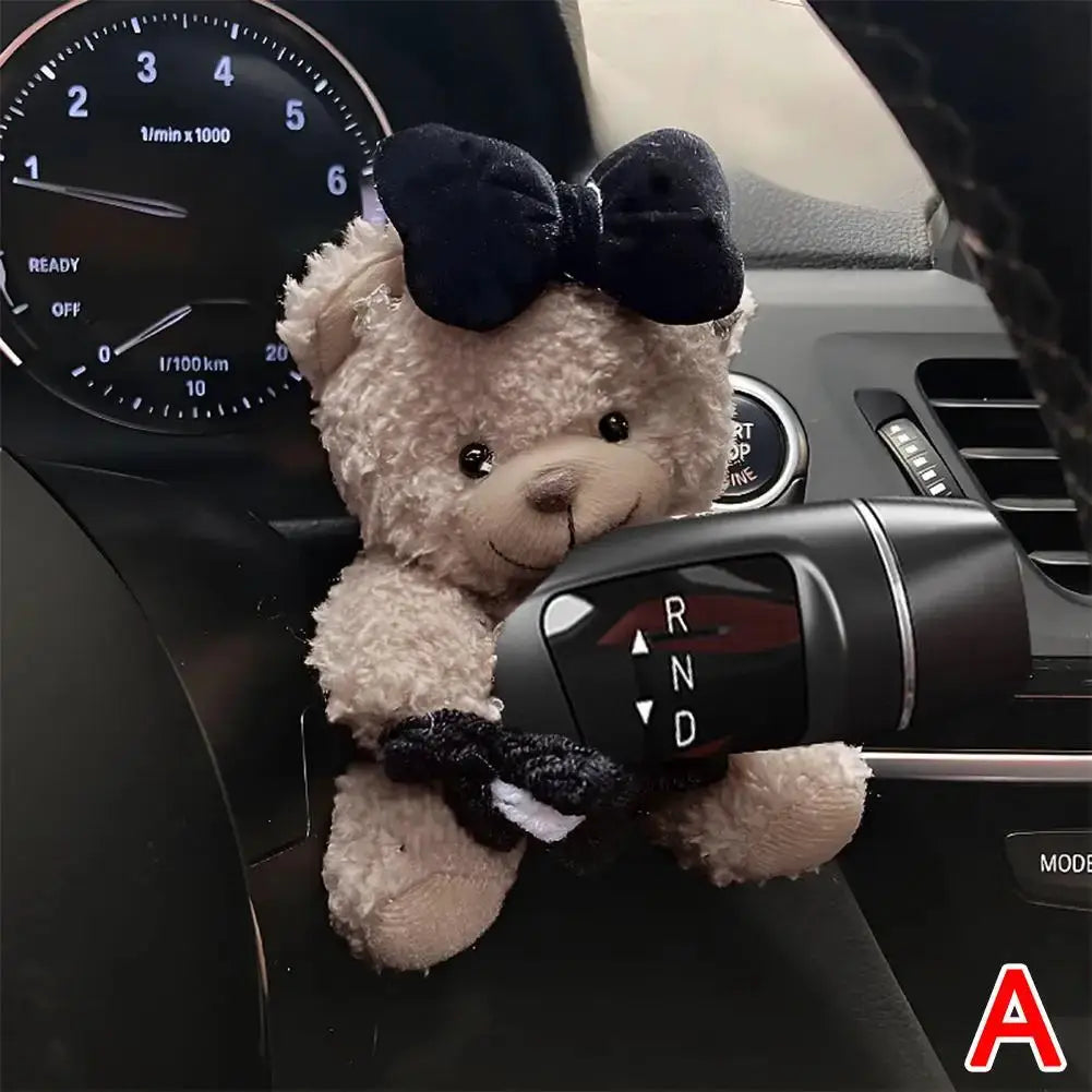 Pilot bear plush car gear shift ornament in brown with black bow