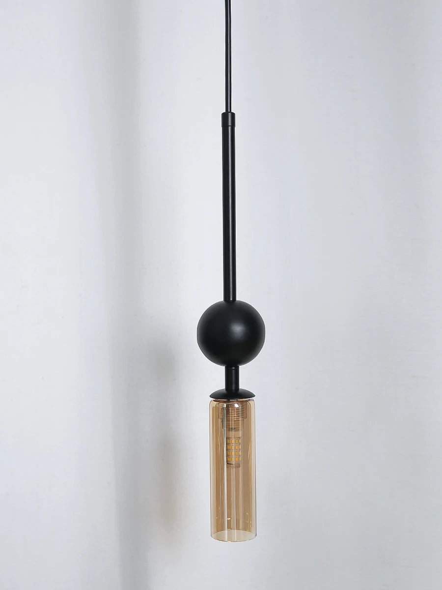 Nordic Light pendant lamp in black iron with amber glass cylinder, LED hanging ceiling light