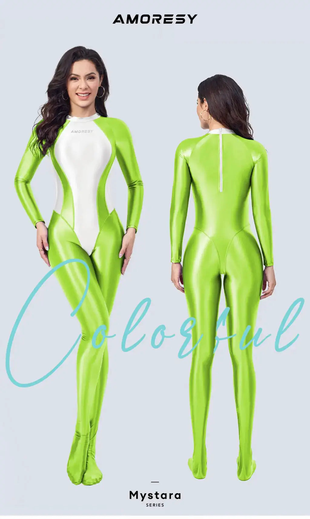 AMORESY women's neon green wetlook catsuit with white panels; full-body shiny zipper jumpsuit, front and back views.