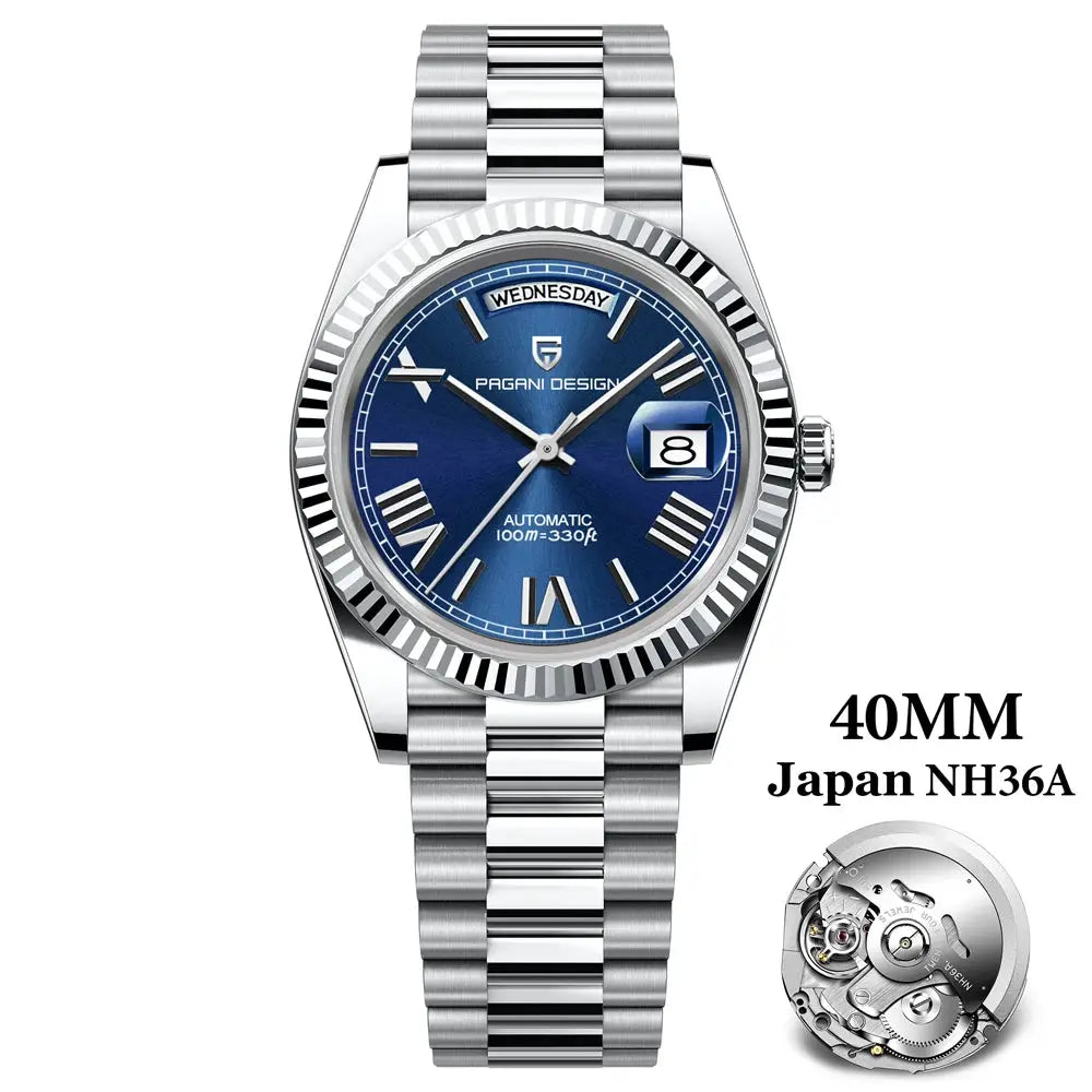Pagani Design 40mm NH36A automatic men's watch with blue dial and stainless steel bracelet