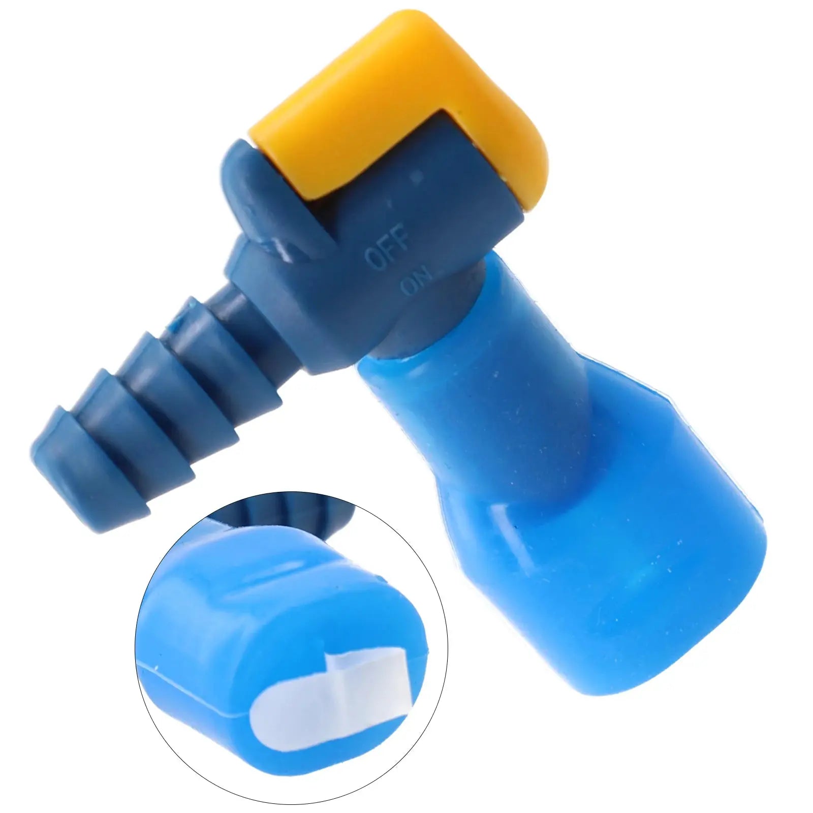 Replacement hydration bite valve Simples Market with yellow switch on blue hose.