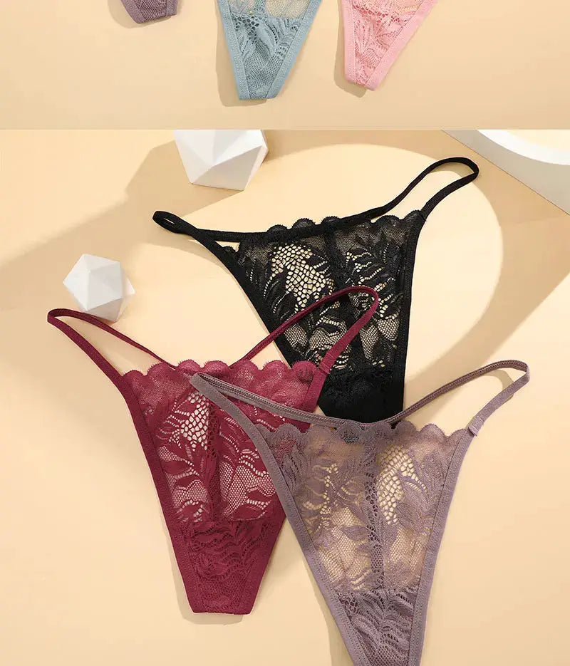 6-piece women's lace thong set, low-rise, sheer floral lace in black, burgundy, mauve and gray