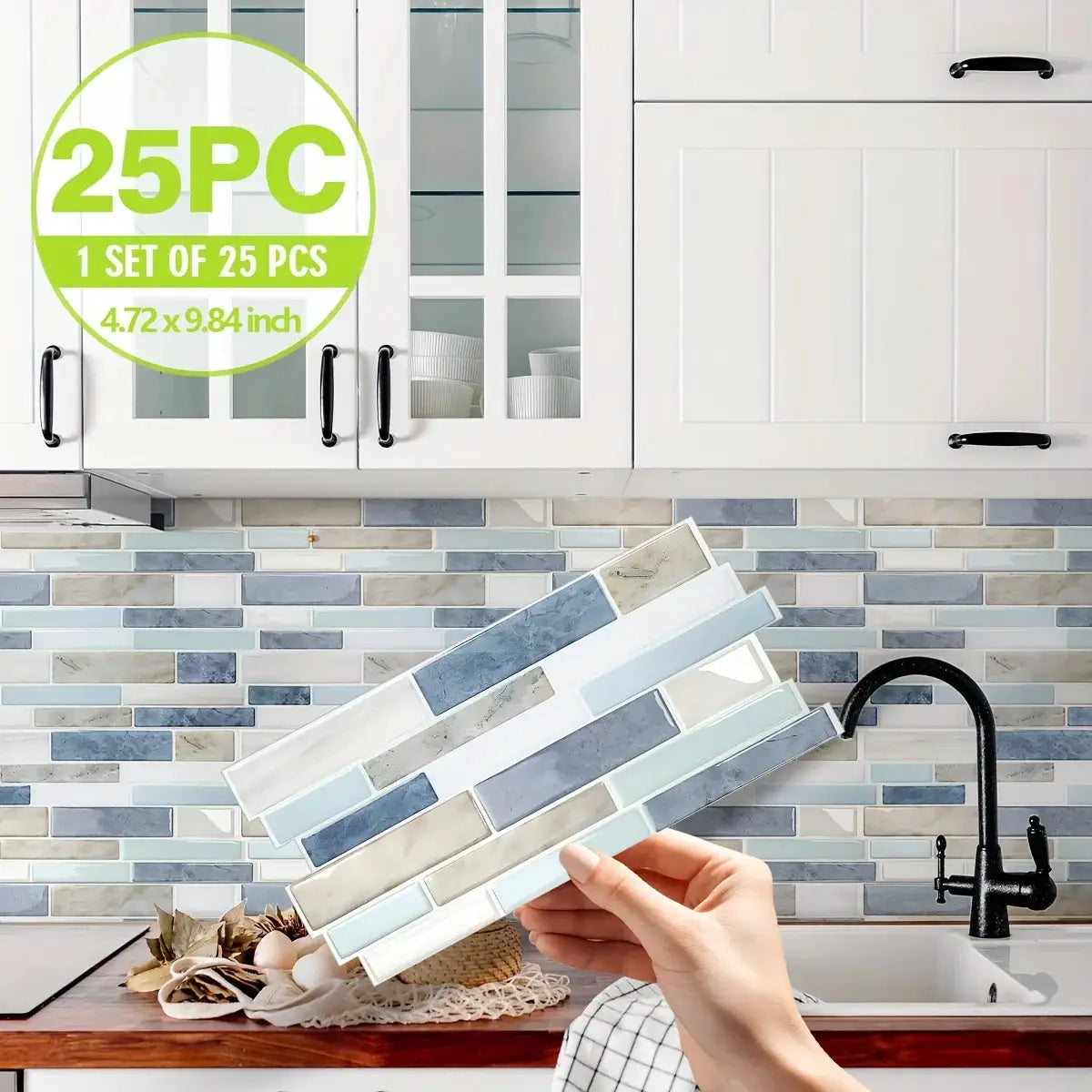 Marble-pattern 25-piece 3D kitchen tile stickers by Simples Market; waterproof, oilproof self-adhesive backsplash.